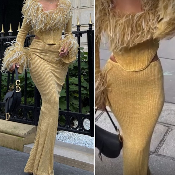 NWT 16Arlington Nasu Leather-trimmed Ribbed-knit Maxi Skirt Pastel yellow $580 - Picture 5 of 16